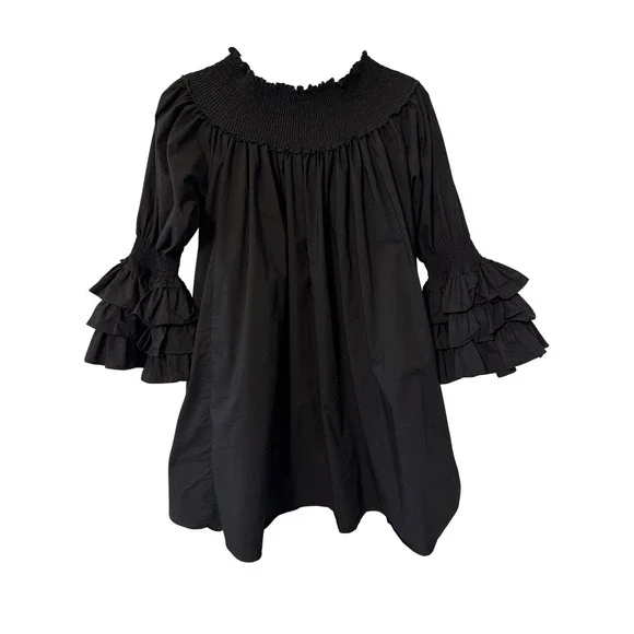 Blanc Studio Babydoll Dress Womens Black Smocked Tiered Ruffle Sleeve Mini - Picture 8 of 13